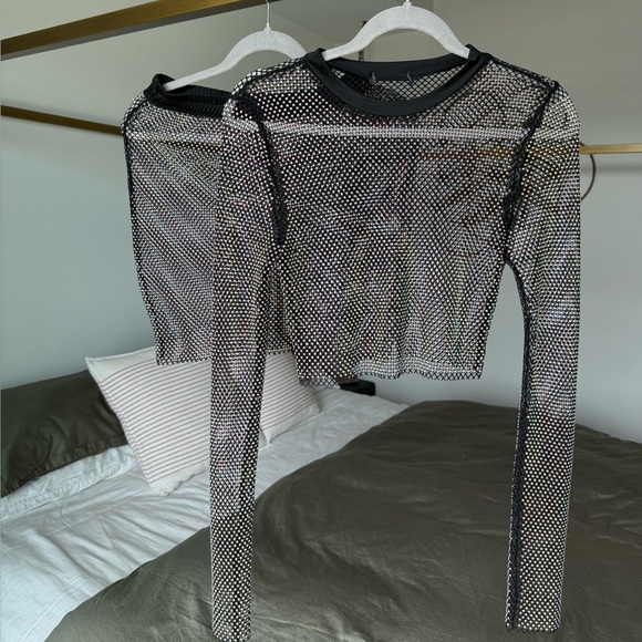 NEW Black Crystal Mesh Two-Piece Set Crystal Festival Mini Skirt + Crop Top S/M - Picture 5 of 10